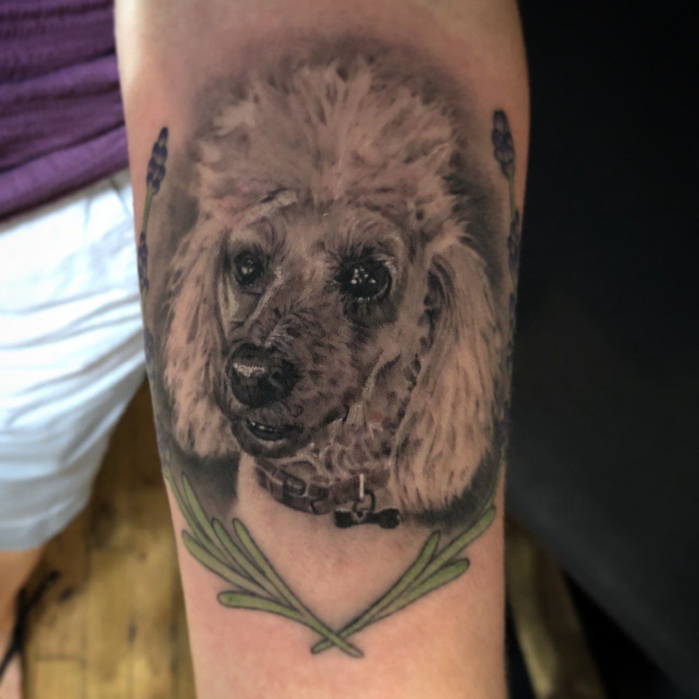 Tattoo of poodle dog on person's arm